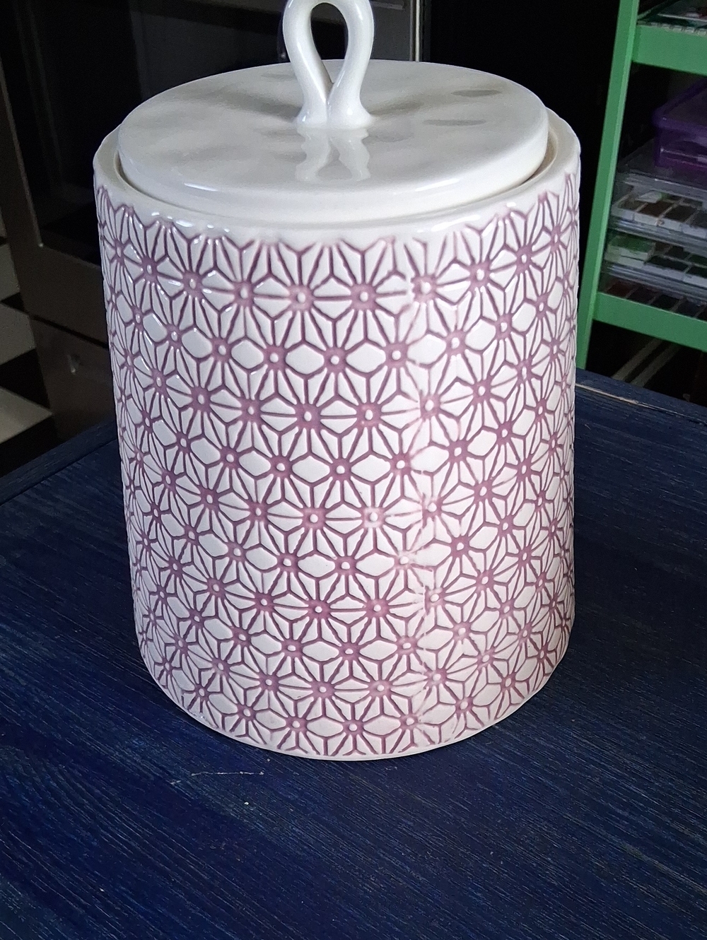 White Ceramic Cookie Jar with Pink Geometric Pattern